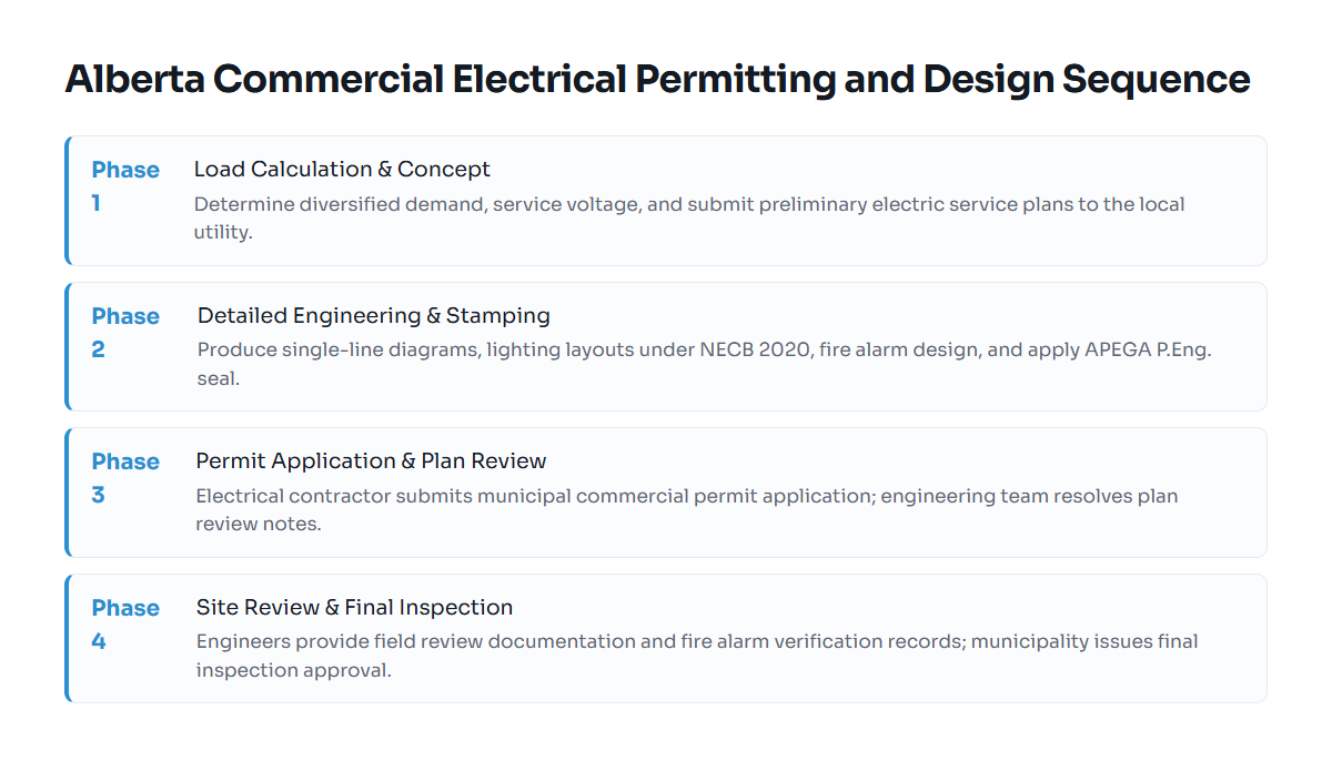 Flowchart showing sequential phases of commercial electrical design and permitting in Alberta