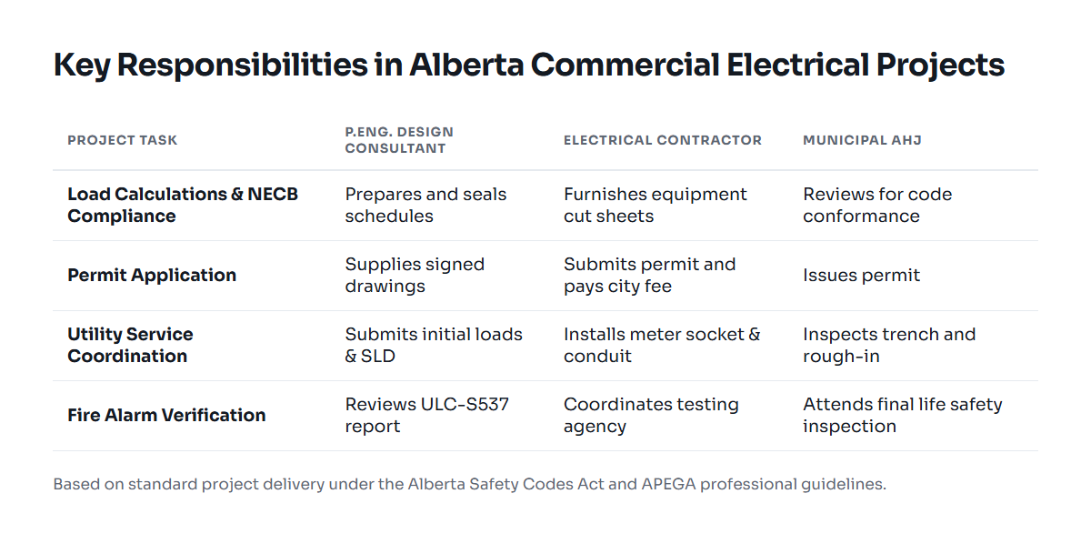 Table of responsibilities between electrical engineer, electrical contractor, and municipal AHJ