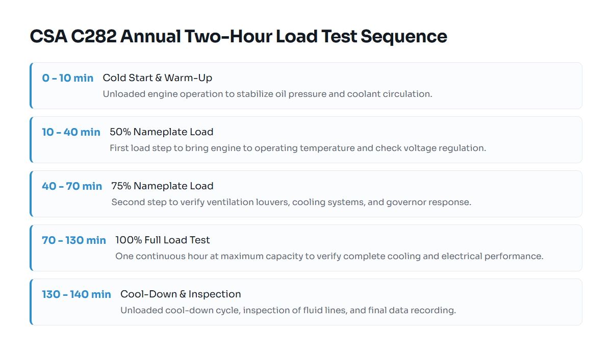 Timeline showing the stepped loading procedure for an emergency generator load test