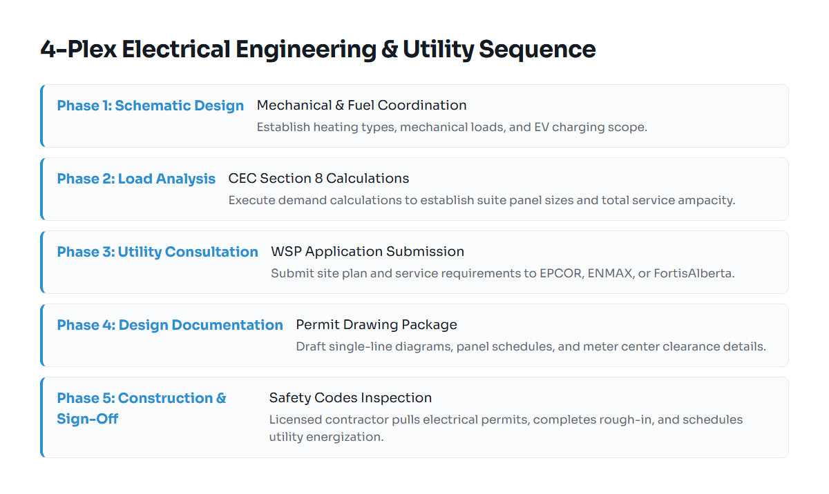 Timeline showing the engineering and utility coordination milestones for an Alberta 4-plex