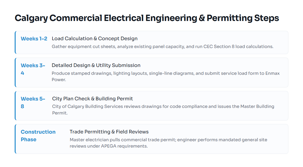 Timeline showing engineering design, city permit submission, and utility approval steps in Calgary
