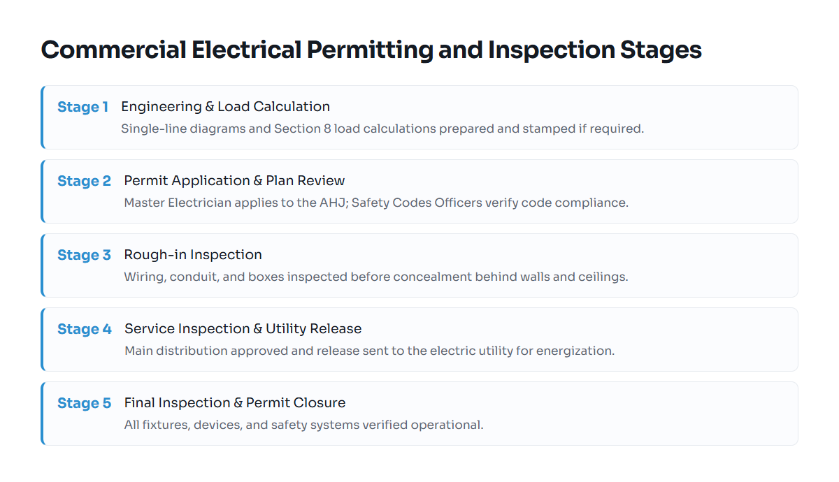 Timeline showing the sequence of electrical permitting and inspections in Alberta