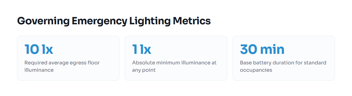 Key quantitative standards for Canadian emergency egress lighting