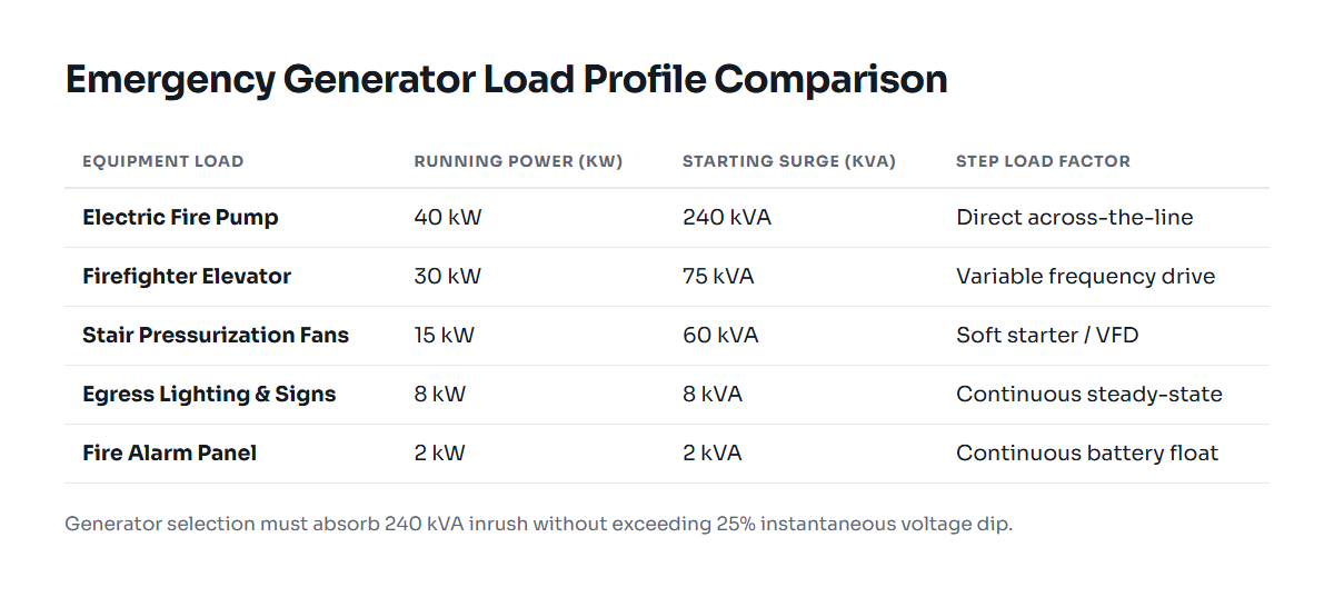 Table of connected life safety loads with running kW and starting kVA for high-rise residential building