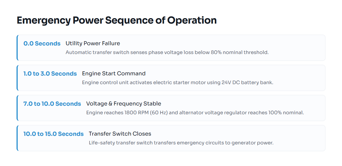 Timeline of automatic emergency power activation from utility failure to 15 second full transfer