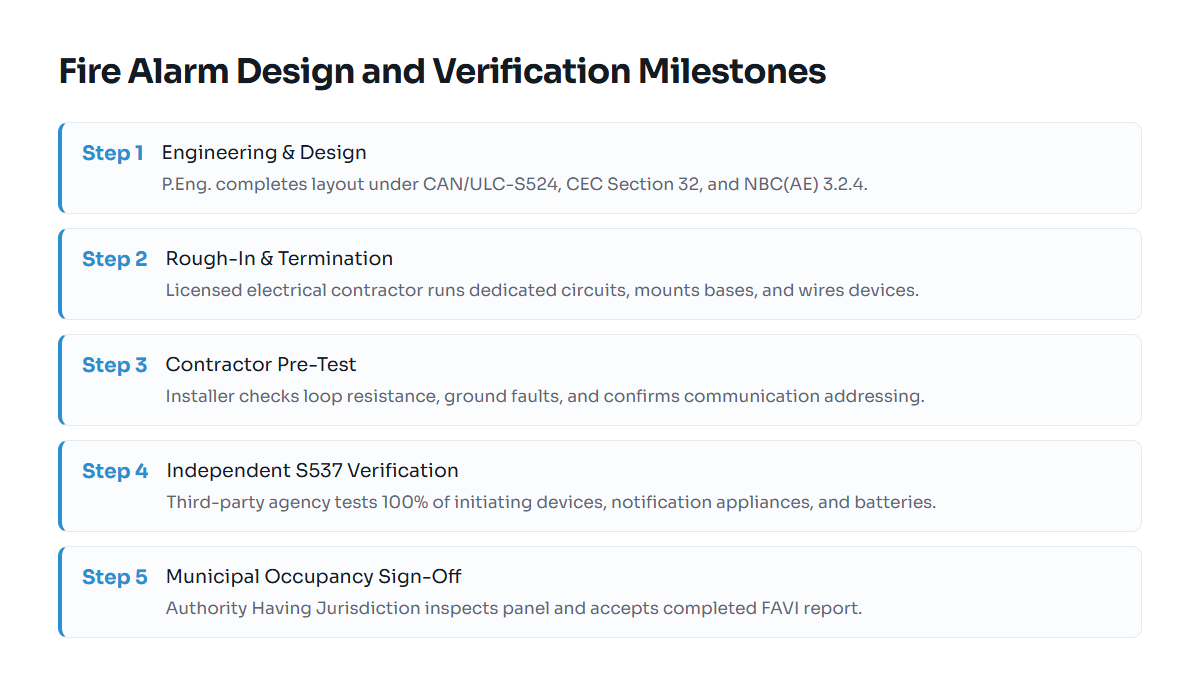 Step-by-step timeline of fire alarm design, permit, pre-testing, verification, and occupancy sign-off in Alberta.