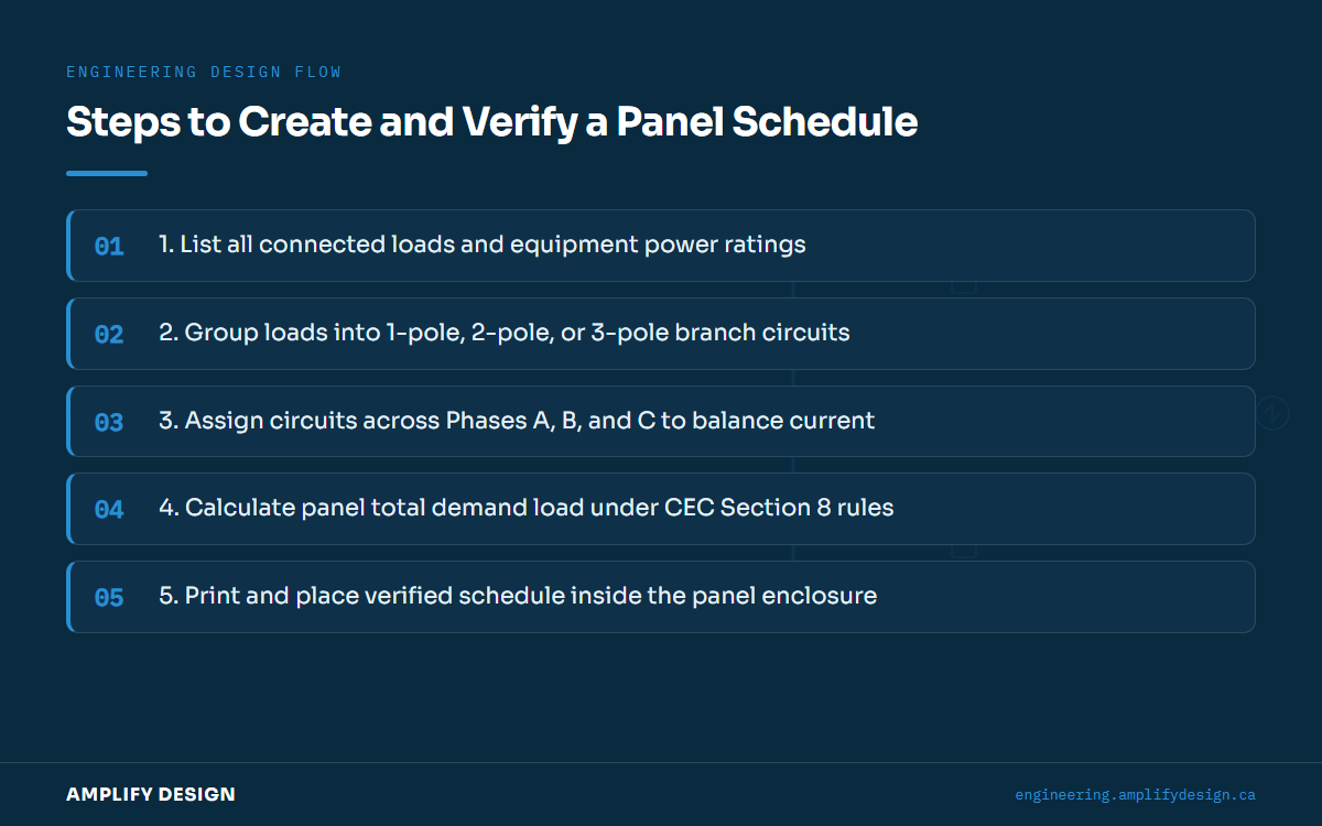 Flowchart showing five steps to develop a compliant electrical panel schedule.