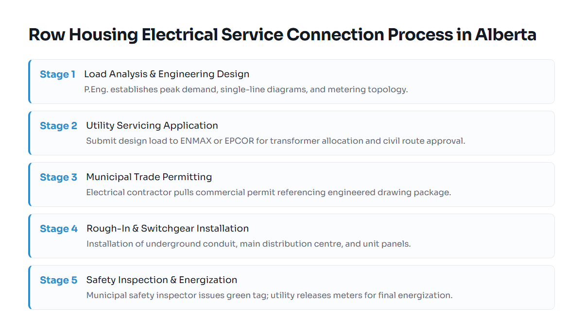 Step-by-step timeline of an Alberta multi-unit residential electrical connection from engineering design to meter energization