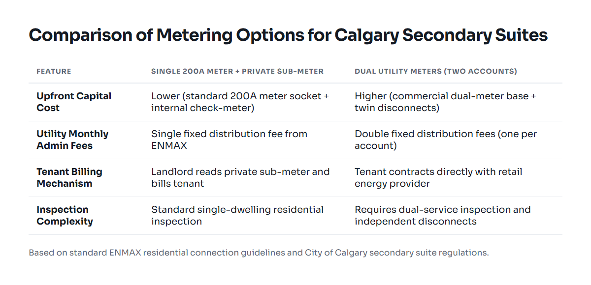 Table comparing single 200-amp meter with private check-meter versus dual utility meters